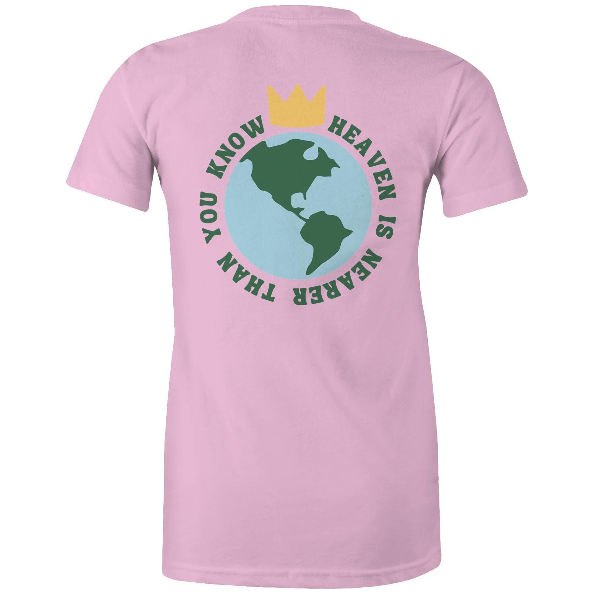 Christian t-shirt featuring a back graphic of Earth with a gold crown above it and the phrase 'Heaven is nearer than you know' encircling the globe — inspirational faith-based apparel by Lighthouse Christian Clothing.