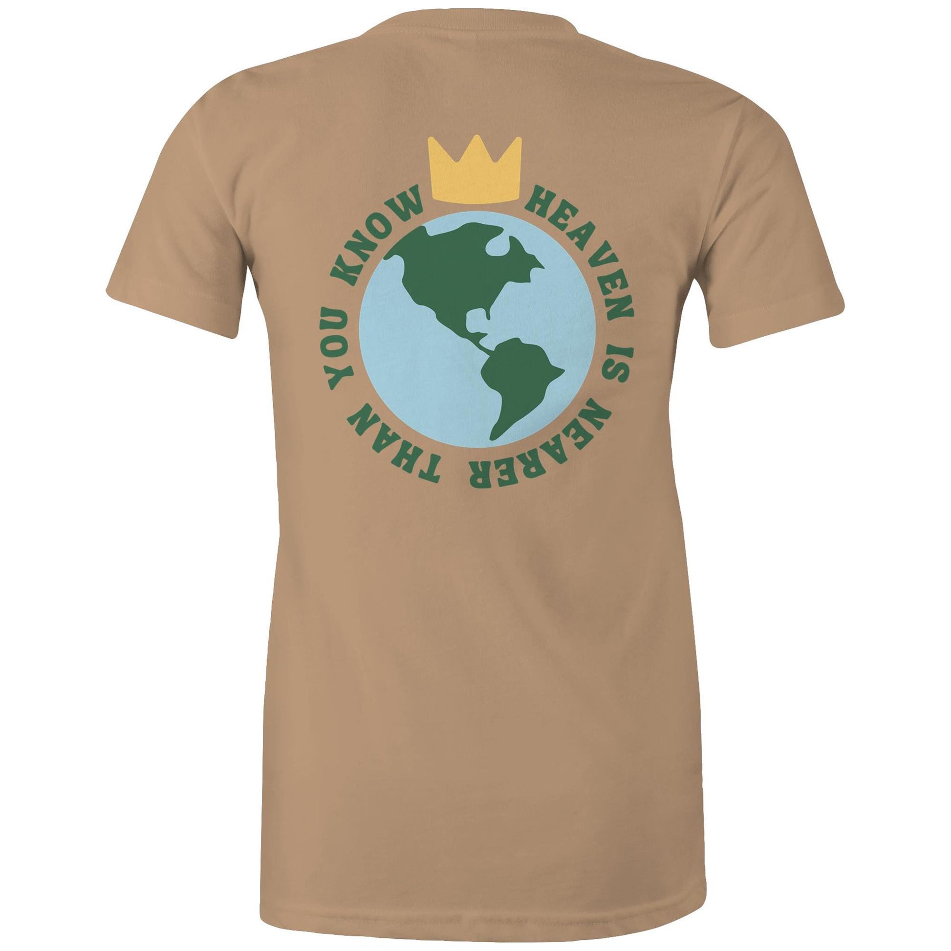 Christian t-shirt featuring a back graphic of Earth with a gold crown above it and the phrase 'Heaven is nearer than you know' encircling the globe — inspirational faith-based apparel by Lighthouse Christian Clothing.