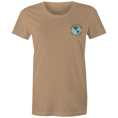 Christian t-shirt featuring a small globe graphic on the left chest with the words “Heaven is nearer than you know” — subtle encouragement in everyday wear, by Lighthouse Christian Clothing.