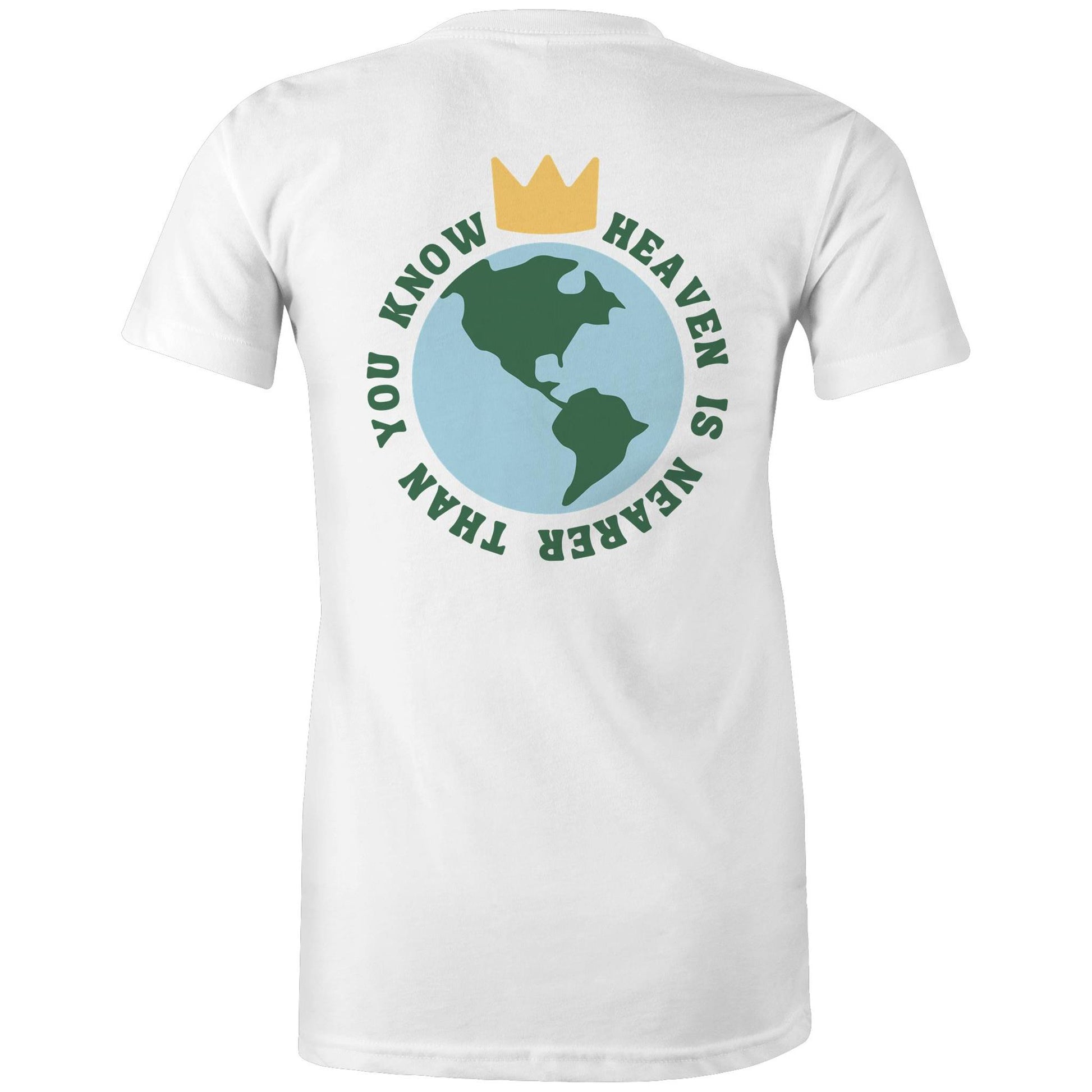 Christian t-shirt featuring a back graphic of Earth with a gold crown above it and the phrase 'Heaven is nearer than you know' encircling the globe — inspirational faith-based apparel by Lighthouse Christian Clothing.