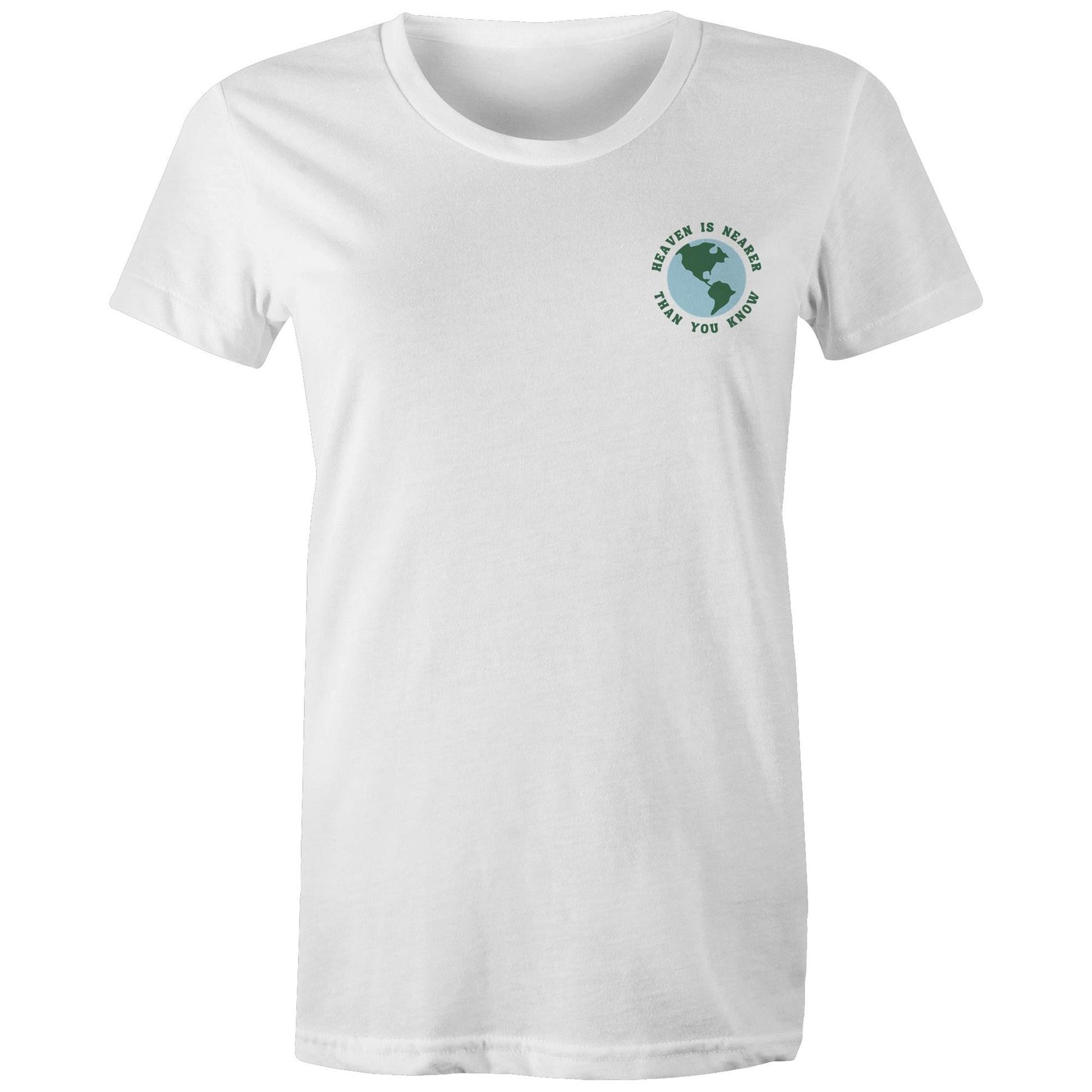 Christian t-shirt featuring a small globe graphic on the left chest with the words “Heaven is nearer than you know” — subtle encouragement in everyday wear, by Lighthouse Christian Clothing.