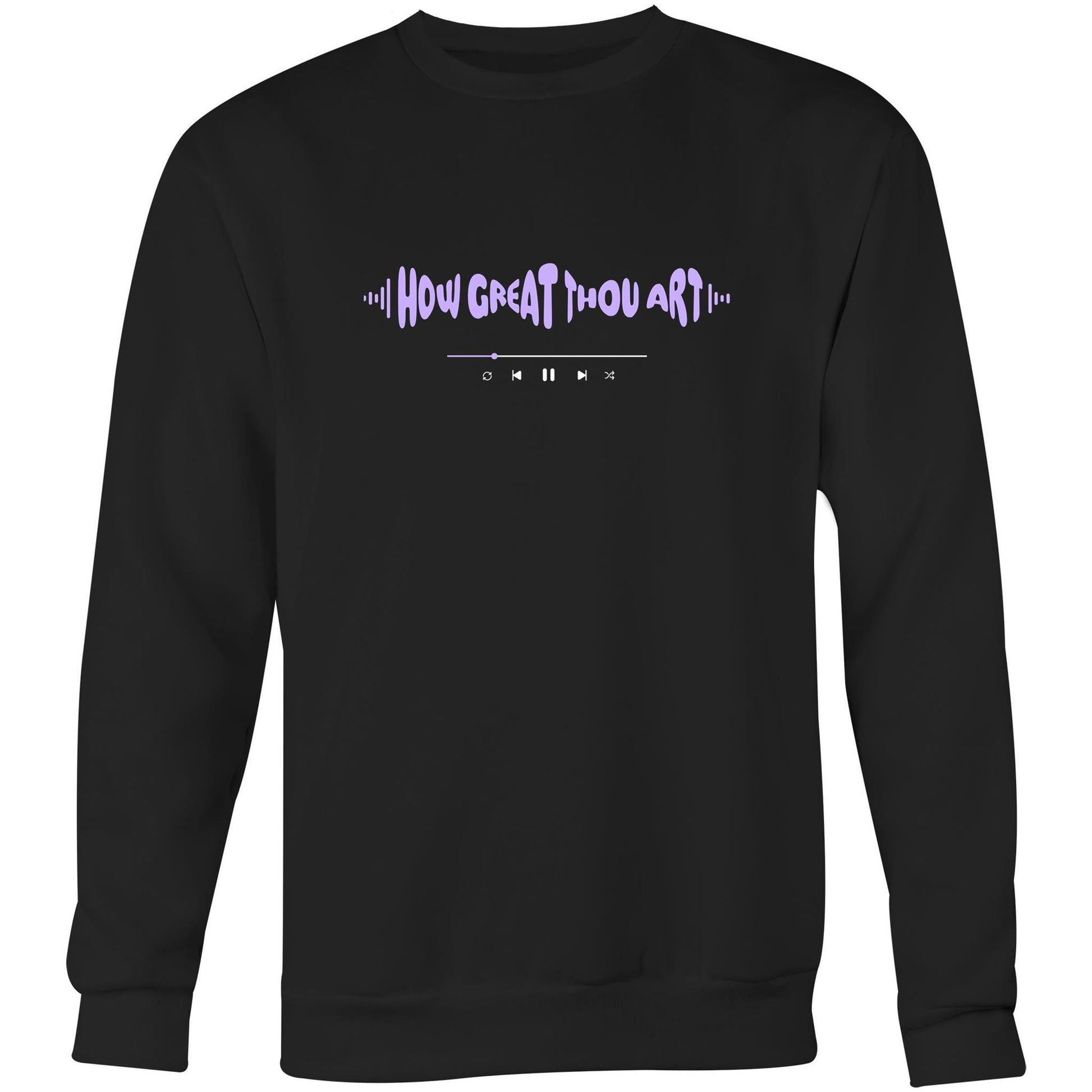 Black Christian crewneck sweatshirt with purple “HOW GREAT THOU ART” text in a sound wave style and a music play bar printed beneath it on the chest.
