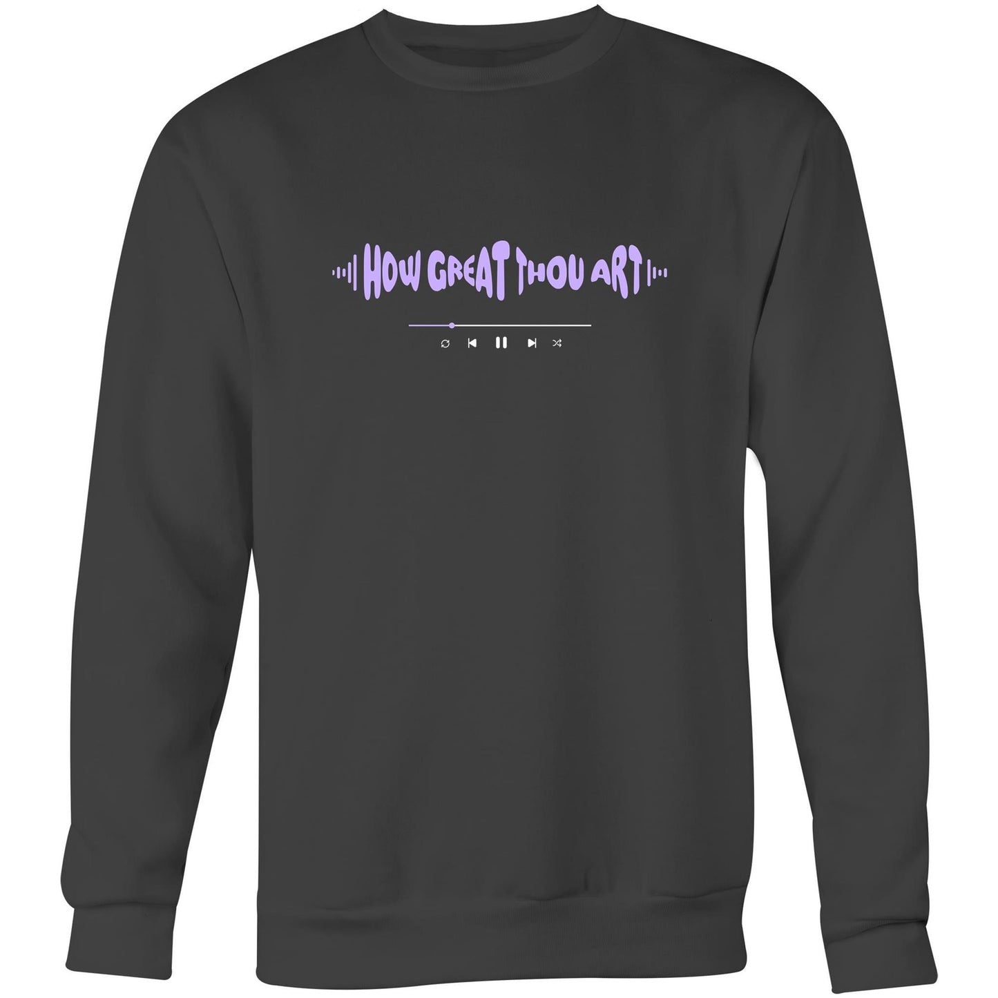 Coal Christian crewneck sweatshirt with purple “HOW GREAT THOU ART” text in a sound wave style and a music play bar printed beneath it on the chest.