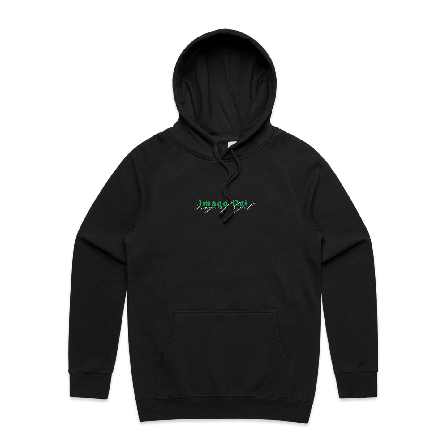 Christian hoodie featuring the words “Imago Dei” in bold green gothic text with “image of God” in elegant white script beneath. A faith-based design by Lighthouse Christian Clothing, expressing identity and purpose in Christ.