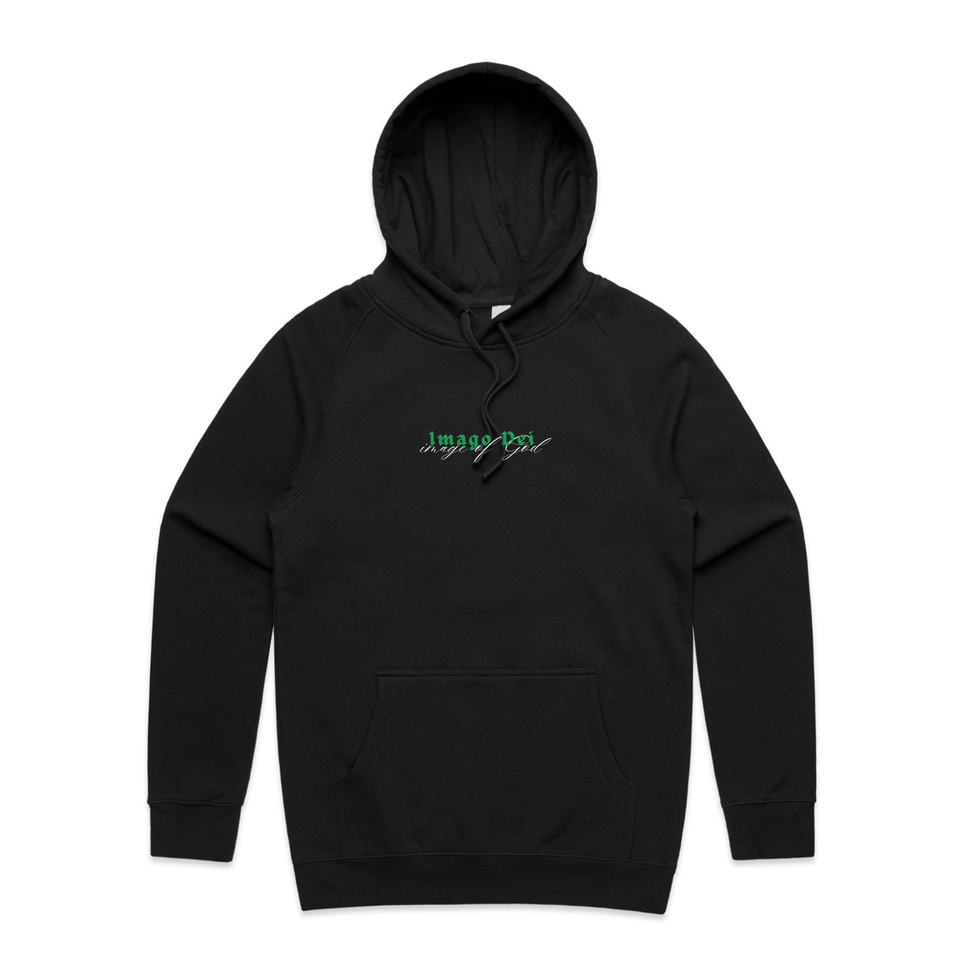 Christian hoodie featuring the words “Imago Dei” in bold green gothic text with “image of God” in elegant white script beneath. A faith-based design by Lighthouse Christian Clothing, expressing identity and purpose in Christ.
