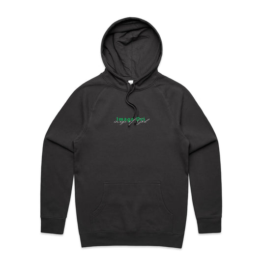 Christian hoodie featuring the words “Imago Dei” in bold green gothic text with “image of God” in elegant white script beneath. A faith-based design by Lighthouse Christian Clothing, expressing identity and purpose in Christ.