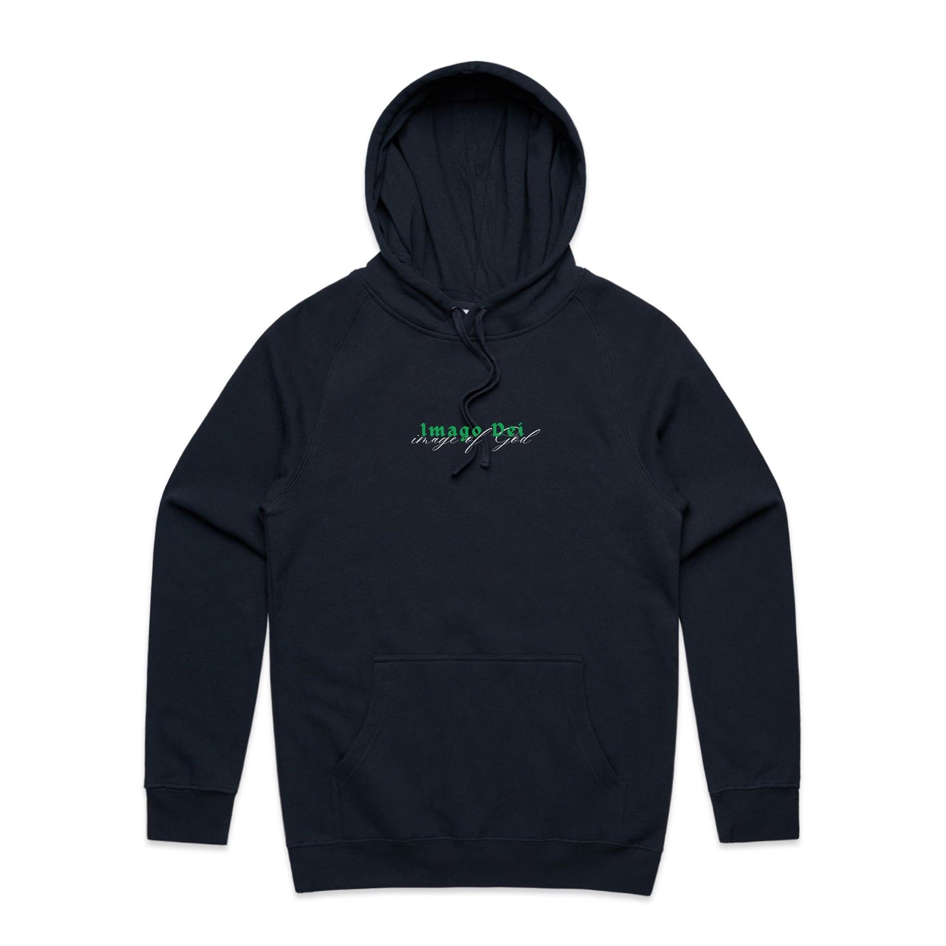 Christian hoodie featuring the words “Imago Dei” in bold green gothic text with “image of God” in elegant white script beneath. A faith-based design by Lighthouse Christian Clothing, expressing identity and purpose in Christ.