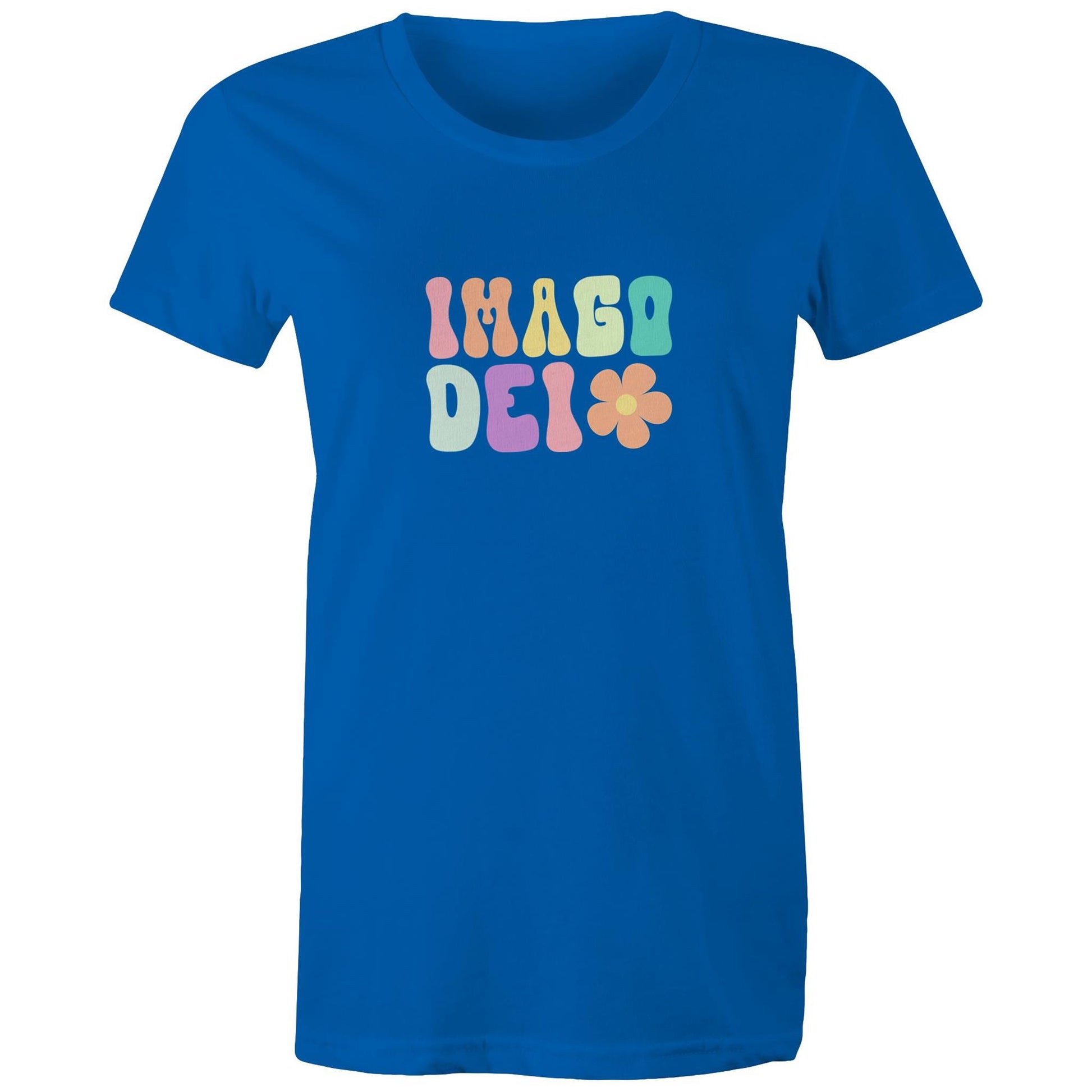 Christian t-shirt with colorful retro 'Imago Dei' design in pastel tones and flower graphic — faith-based apparel celebrating identity in God by Lighthouse Christian Clothing.