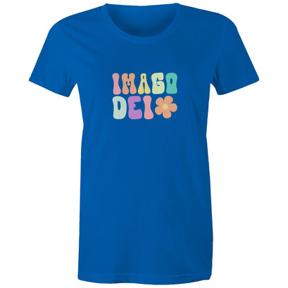 Christian t-shirt with colorful retro 'Imago Dei' design in pastel tones and flower graphic — faith-based apparel celebrating identity in God by Lighthouse Christian Clothing.