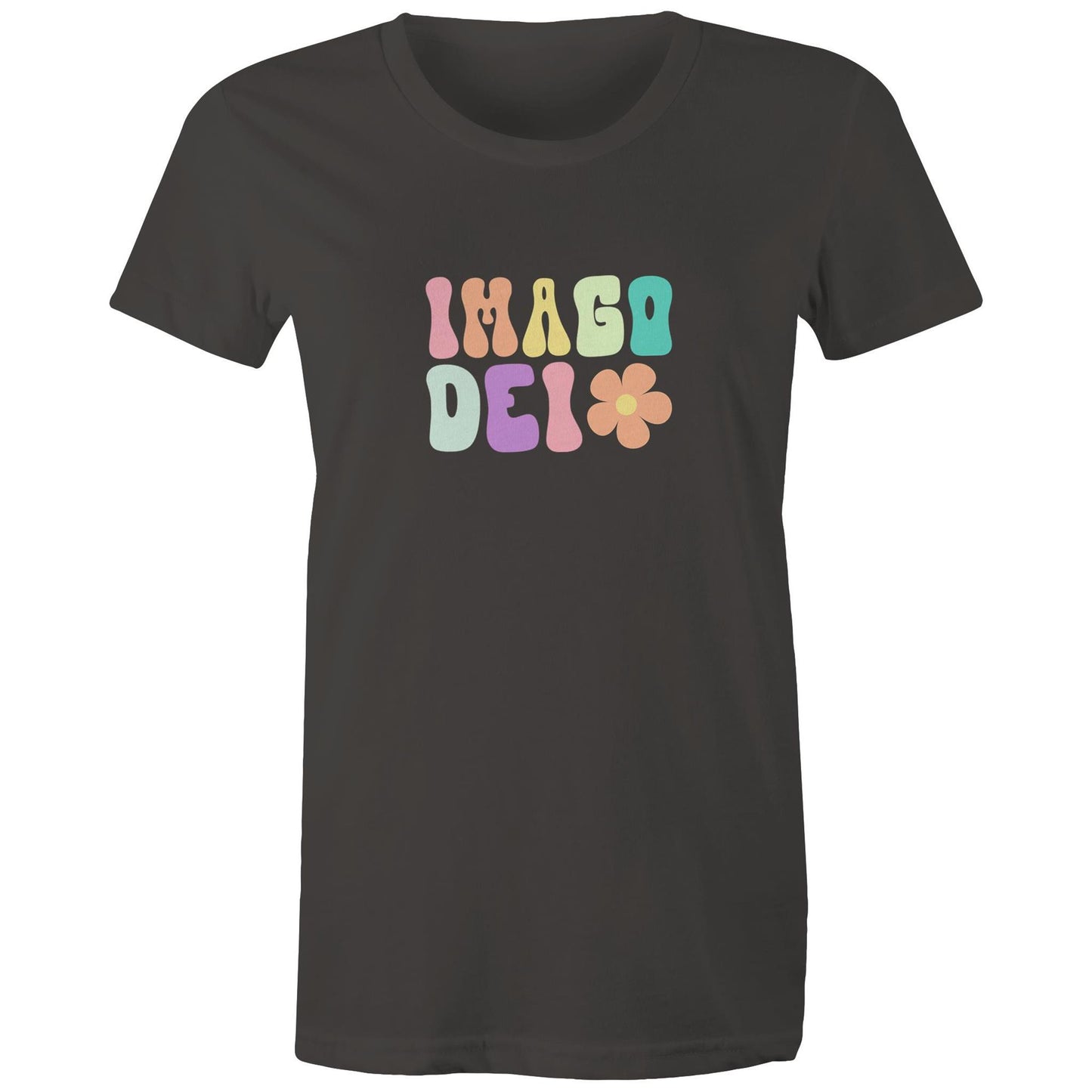 Christian t-shirt with colorful retro 'Imago Dei' design in pastel tones and flower graphic — faith-based apparel celebrating identity in God by Lighthouse Christian Clothing.