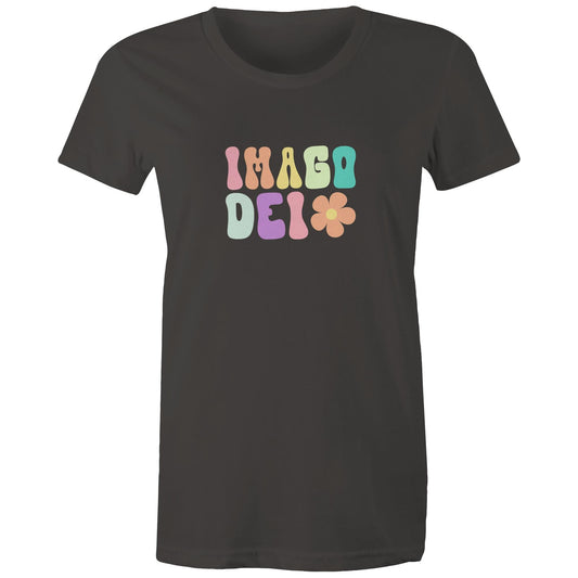 Christian t-shirt with colorful retro 'Imago Dei' design in pastel tones and flower graphic — faith-based apparel celebrating identity in God by Lighthouse Christian Clothing.