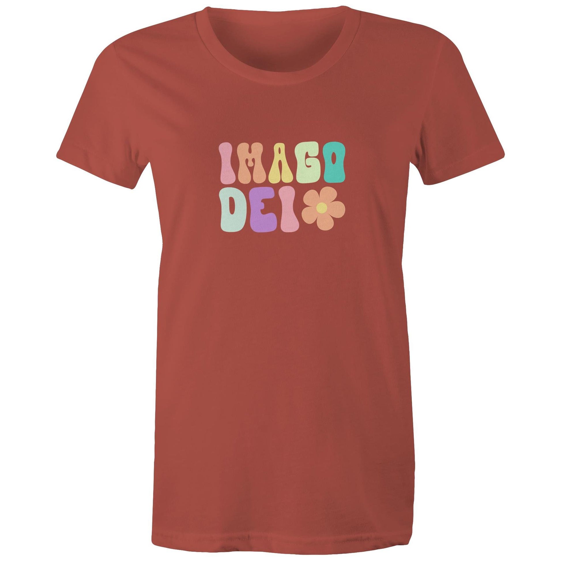 Christian t-shirt with colorful retro 'Imago Dei' design in pastel tones and flower graphic — faith-based apparel celebrating identity in God by Lighthouse Christian Clothing.