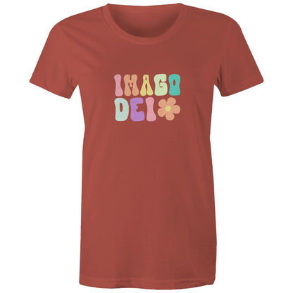 Christian t-shirt with colorful retro 'Imago Dei' design in pastel tones and flower graphic — faith-based apparel celebrating identity in God by Lighthouse Christian Clothing.