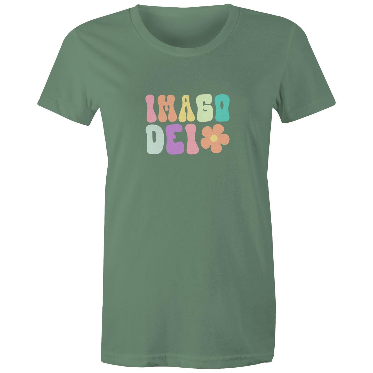 Christian t-shirt with colorful retro 'Imago Dei' design in pastel tones and flower graphic — faith-based apparel celebrating identity in God by Lighthouse Christian Clothing.