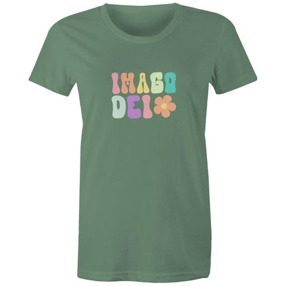 Christian t-shirt with colorful retro 'Imago Dei' design in pastel tones and flower graphic — faith-based apparel celebrating identity in God by Lighthouse Christian Clothing.