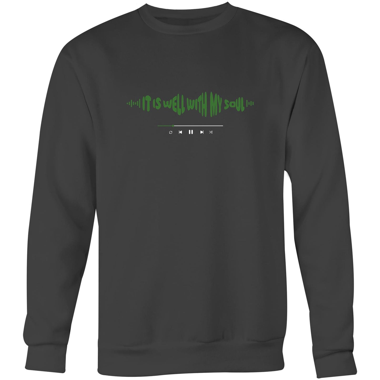 Coal Christian crewneck sweatshirt with green “IT IS WELL WITH MY SOUL” text in a sound wave style and a music play bar printed beneath it on the chest.