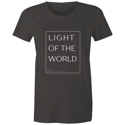 Christian t-shirt with 'Light of the world' Bible verse design from John 8:12 – minimalist faith-based apparel by Lighthouse Christian Clothing.