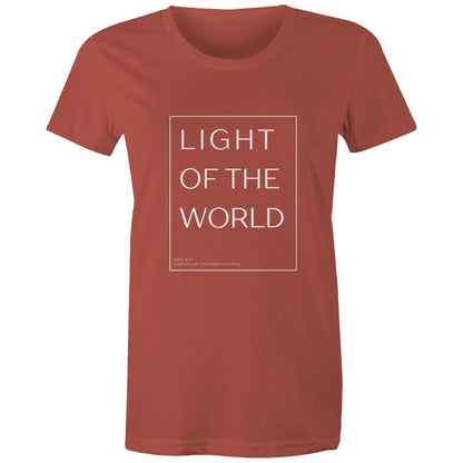 Christian t-shirt with 'Light of the world' Bible verse design from John 8:12 – minimalist faith-based apparel by Lighthouse Christian Clothing.