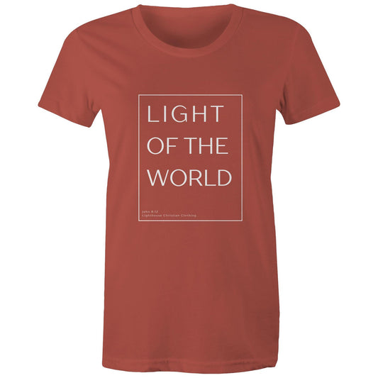 Christian t-shirt with 'Light of the world' Bible verse design from John 8:12 – minimalist faith-based apparel by Lighthouse Christian Clothing.