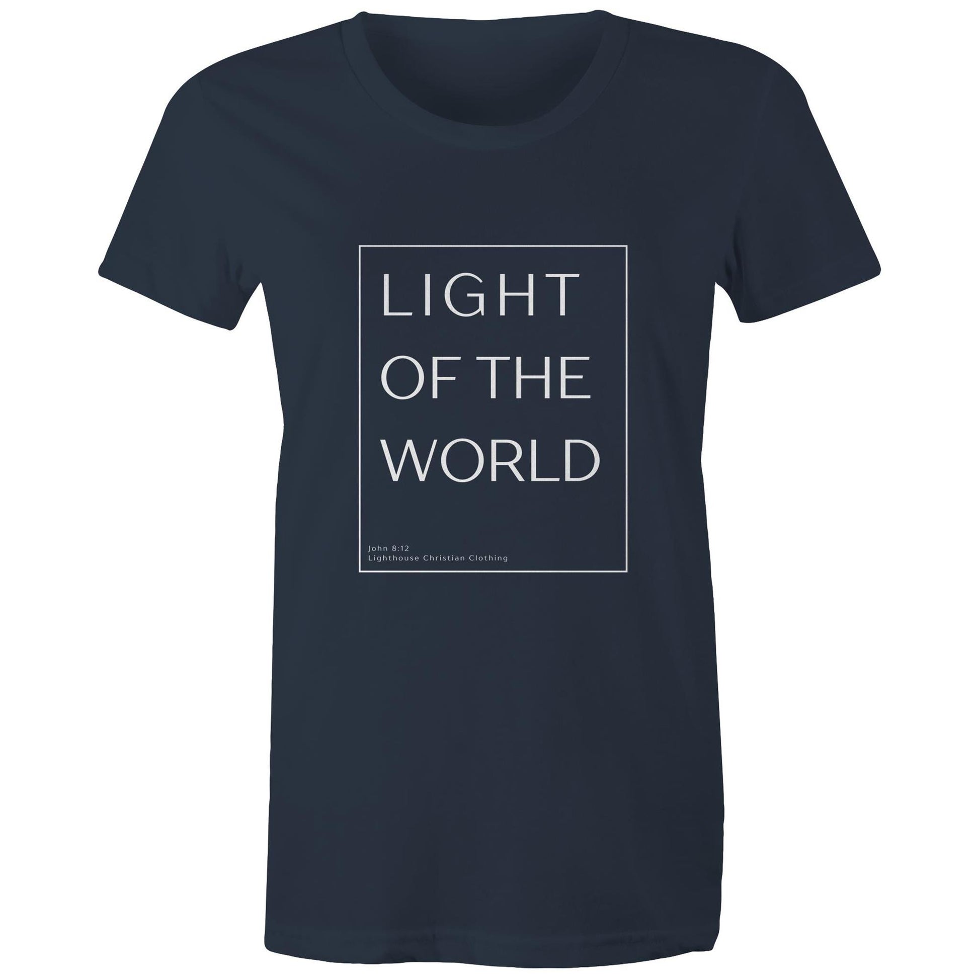 Christian t-shirt with 'Light of the world' Bible verse design from John 8:12 – minimalist faith-based apparel by Lighthouse Christian Clothing.