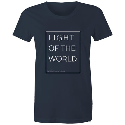 Christian t-shirt with 'Light of the world' Bible verse design from John 8:12 – minimalist faith-based apparel by Lighthouse Christian Clothing.