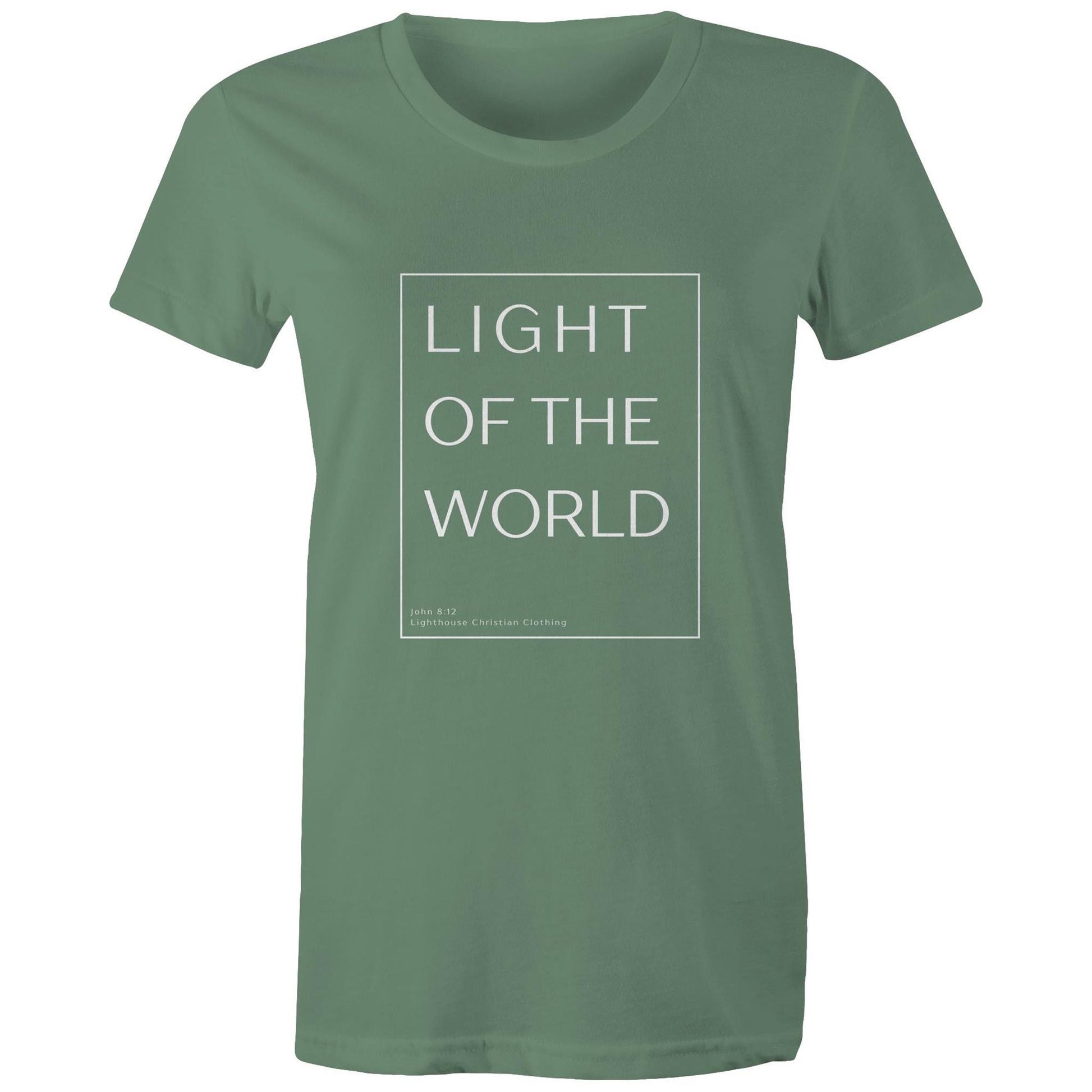 Christian t-shirt with 'Light of the world' Bible verse design from John 8:12 – minimalist faith-based apparel by Lighthouse Christian Clothing.