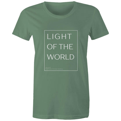 Christian t-shirt with 'Light of the world' Bible verse design from John 8:12 – minimalist faith-based apparel by Lighthouse Christian Clothing.