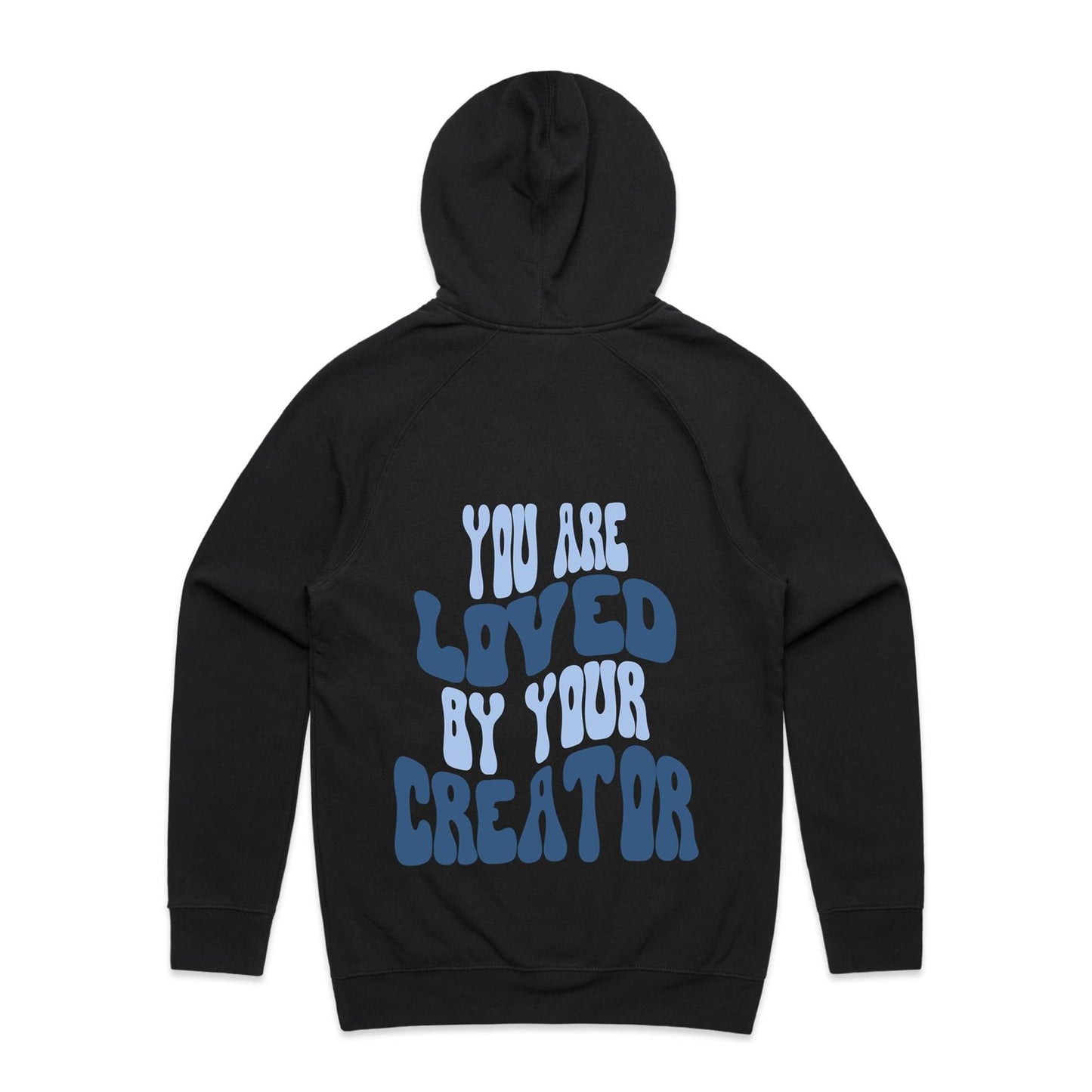 Christian hoodie with bold, wavy text on the back reading “You are LOVED by your CREATOR” in layered light and dark blue lettering. A comforting, gospel-centered design by Lighthouse Christian Clothing, reminding wearers of their unshakable identity and worth in the eyes of their Creator.