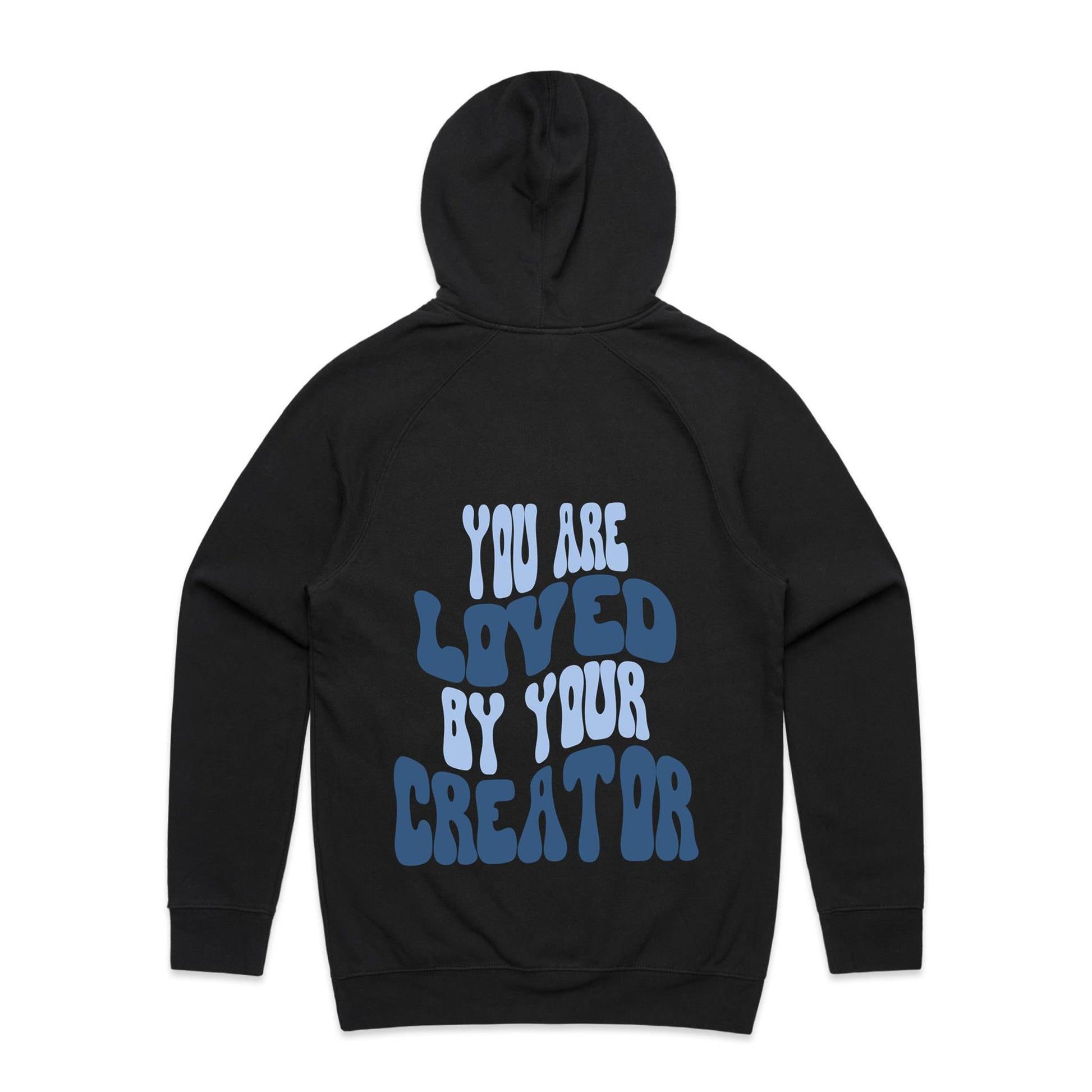 Christian hoodie with bold, wavy text on the back reading “You are LOVED by your CREATOR” in layered light and dark blue lettering. A comforting, gospel-centered design by Lighthouse Christian Clothing, reminding wearers of their unshakable identity and worth in the eyes of their Creator.