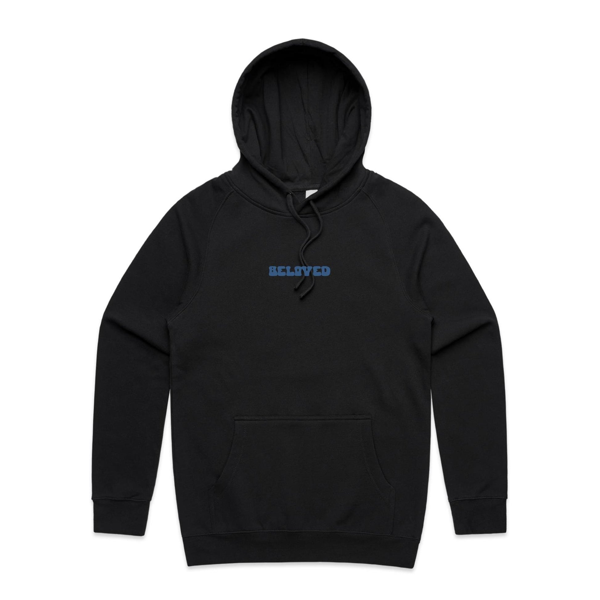 Christian hoodie from Lighthouse Christian Clothing, featuring the word “Beloved” in bold, wavy dark blue text across the chest — a simple yet powerful reminder of your identity in Christ.