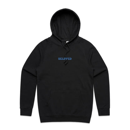 Christian hoodie from Lighthouse Christian Clothing, featuring the word “Beloved” in bold, wavy dark blue text across the chest — a simple yet powerful reminder of your identity in Christ.