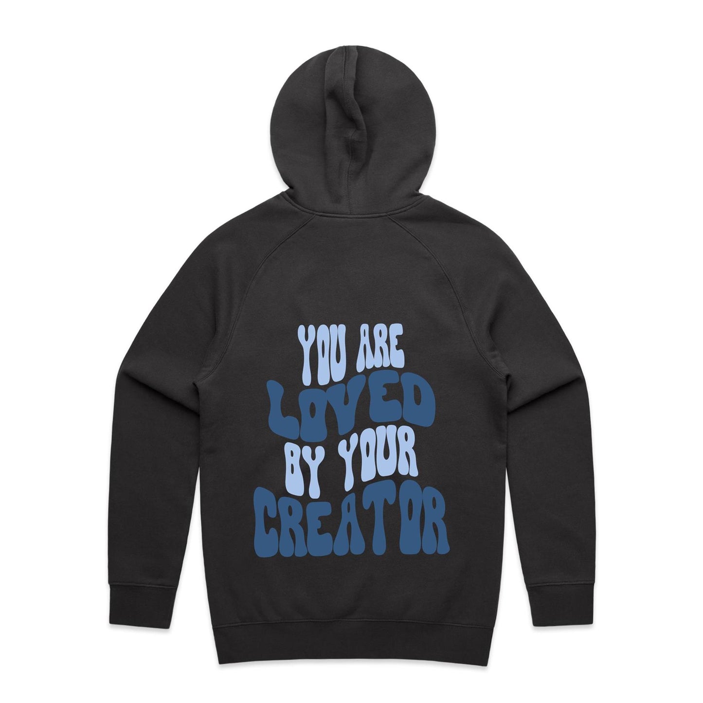 Christian hoodie with bold, wavy text on the back reading “You are LOVED by your CREATOR” in layered light and dark blue lettering. A comforting, gospel-centered design by Lighthouse Christian Clothing, reminding wearers of their unshakable identity and worth in the eyes of their Creator.