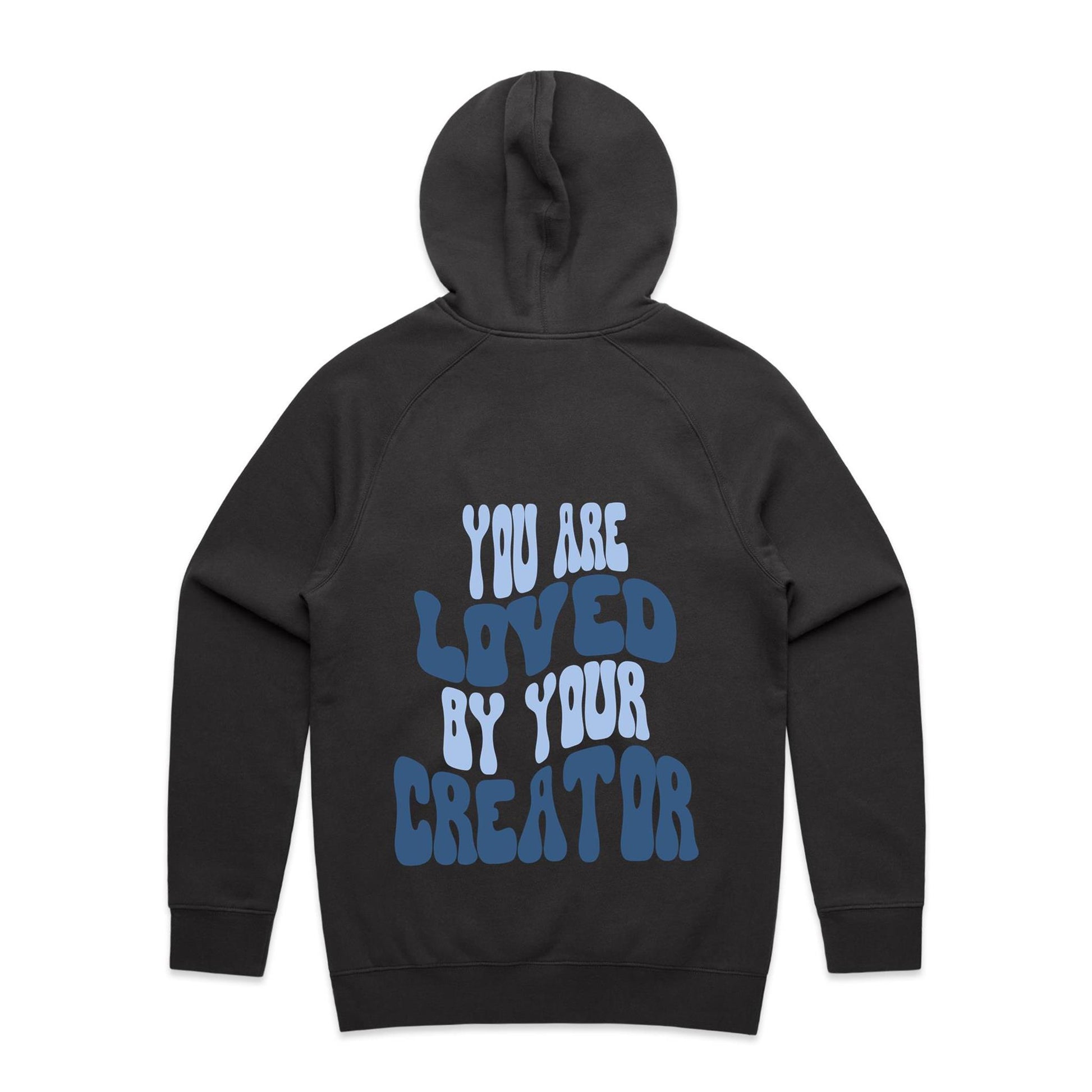 Christian hoodie with bold, wavy text on the back reading “You are LOVED by your CREATOR” in layered light and dark blue lettering. A comforting, gospel-centered design by Lighthouse Christian Clothing, reminding wearers of their unshakable identity and worth in the eyes of their Creator.