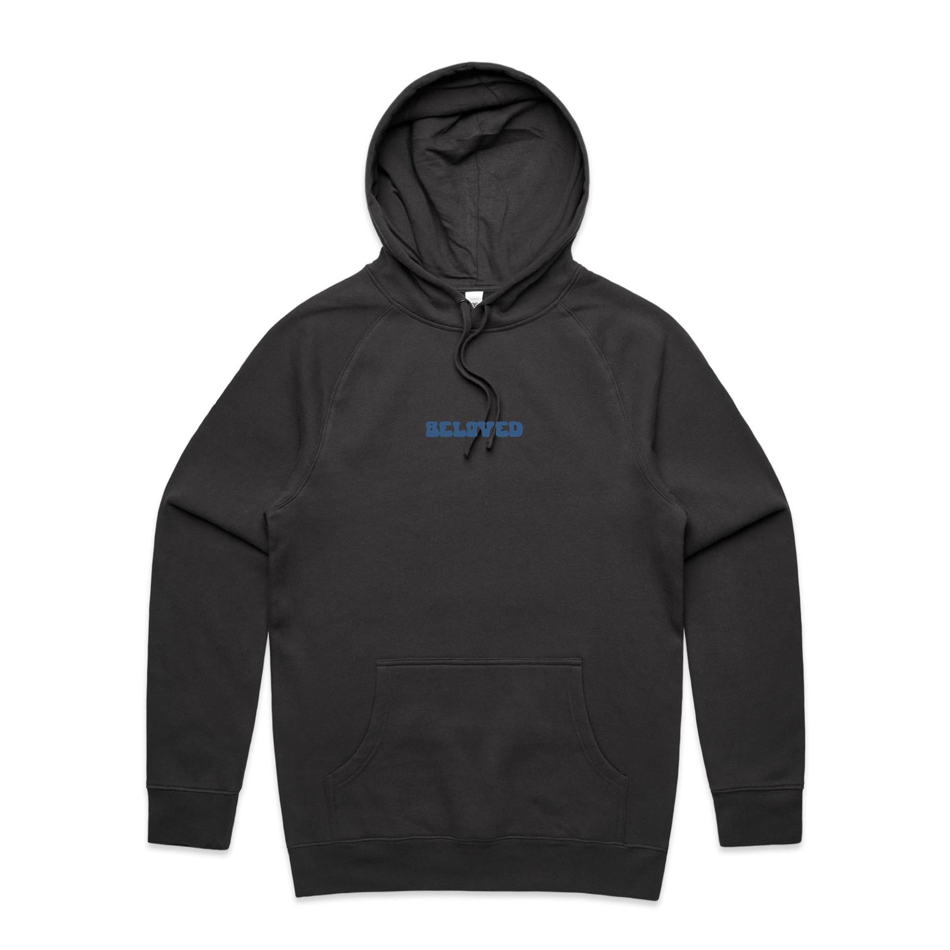 Christian hoodie from Lighthouse Christian Clothing, featuring the word “Beloved” in bold, wavy dark blue text across the chest — a simple yet powerful reminder of your identity in Christ.