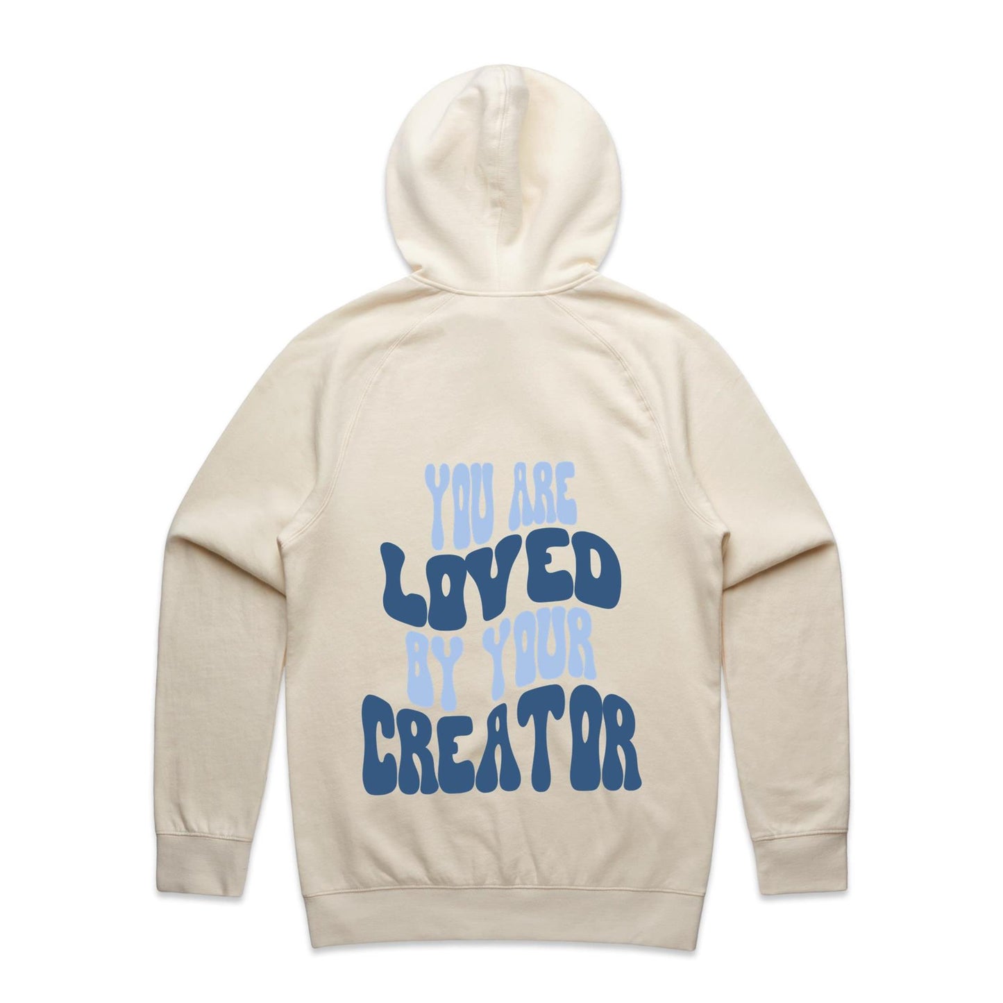 Christian hoodie with bold, wavy text on the back reading “You are LOVED by your CREATOR” in layered light and dark blue lettering. A comforting, gospel-centered design by Lighthouse Christian Clothing, reminding wearers of their unshakable identity and worth in the eyes of their Creator.