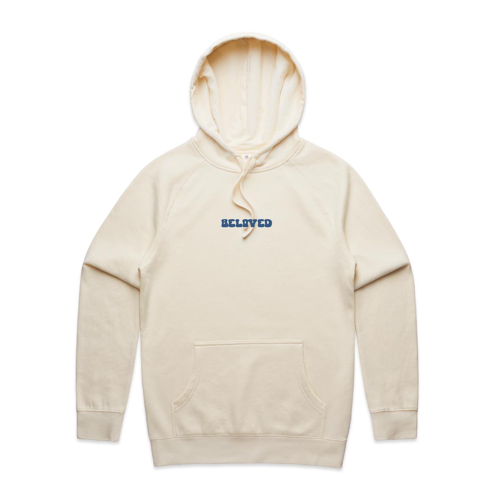 Christian hoodie from Lighthouse Christian Clothing, featuring the word “Beloved” in bold, wavy dark blue text across the chest — a simple yet powerful reminder of your identity in Christ.