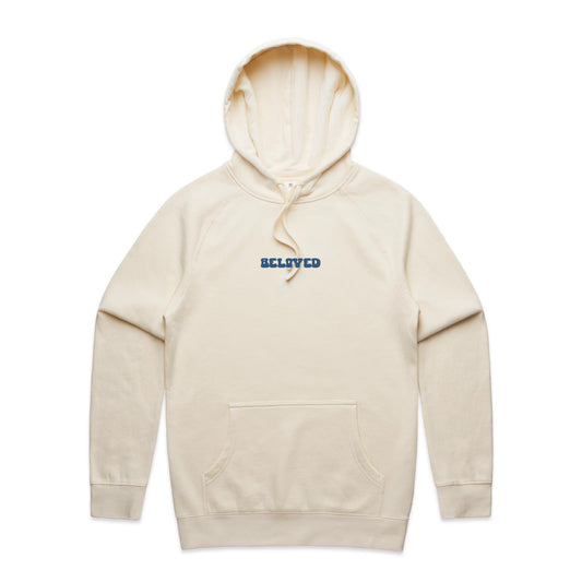 Christian hoodie from Lighthouse Christian Clothing, featuring the word “Beloved” in bold, wavy dark blue text across the chest — a simple yet powerful reminder of your identity in Christ.
