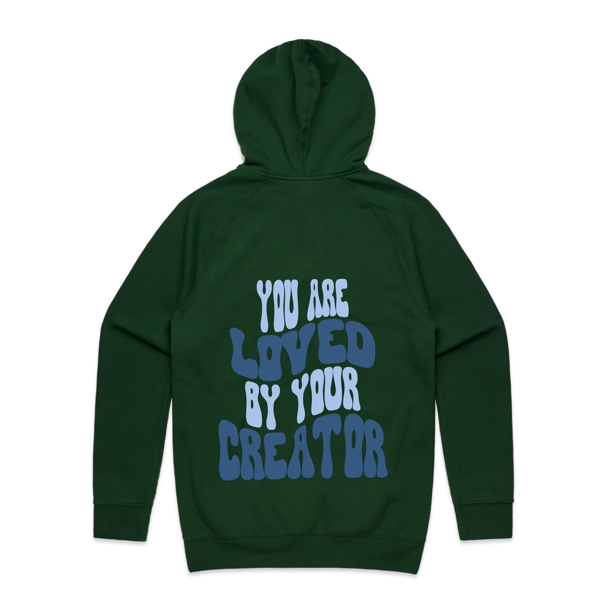 Christian hoodie with bold, wavy text on the back reading “You are LOVED by your CREATOR” in layered light and dark blue lettering. A comforting, gospel-centered design by Lighthouse Christian Clothing, reminding wearers of their unshakable identity and worth in the eyes of their Creator.