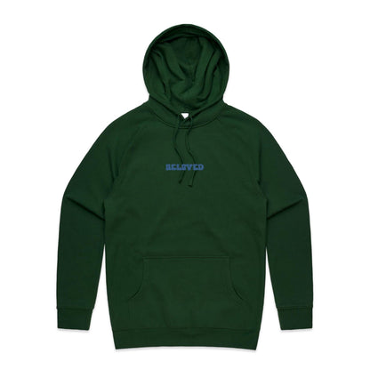 Christian hoodie from Lighthouse Christian Clothing, featuring the word “Beloved” in bold, wavy dark blue text across the chest — a simple yet powerful reminder of your identity in Christ.