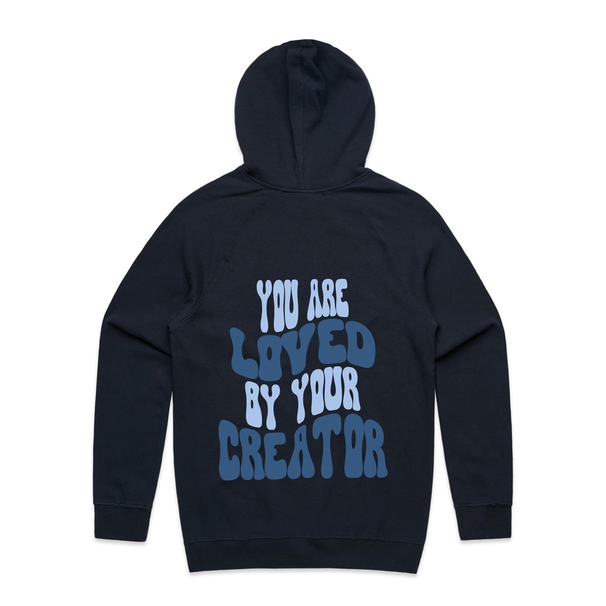 Christian hoodie with bold, wavy text on the back reading “You are LOVED by your CREATOR” in layered light and dark blue lettering. A comforting, gospel-centered design by Lighthouse Christian Clothing, reminding wearers of their unshakable identity and worth in the eyes of their Creator.