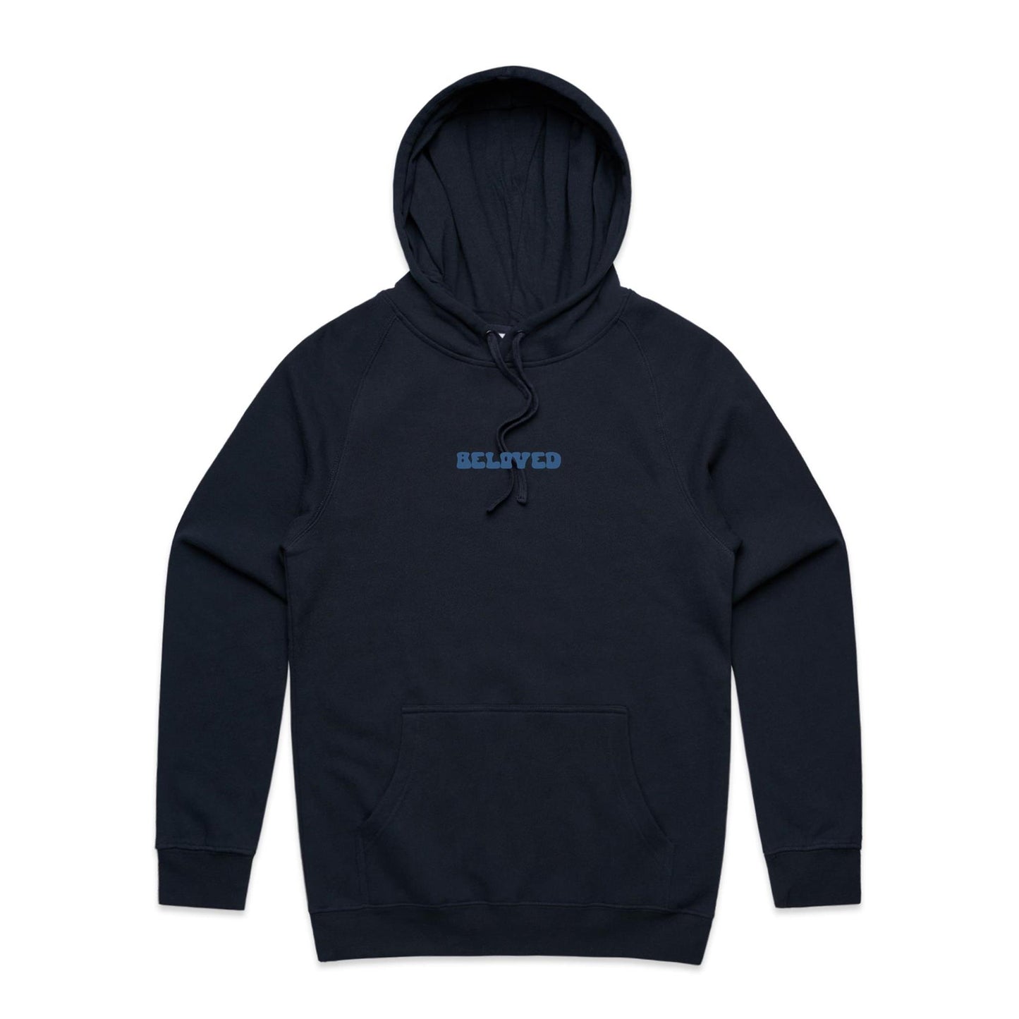 Christian hoodie from Lighthouse Christian Clothing, featuring the word “Beloved” in bold, wavy dark blue text across the chest — a simple yet powerful reminder of your identity in Christ.