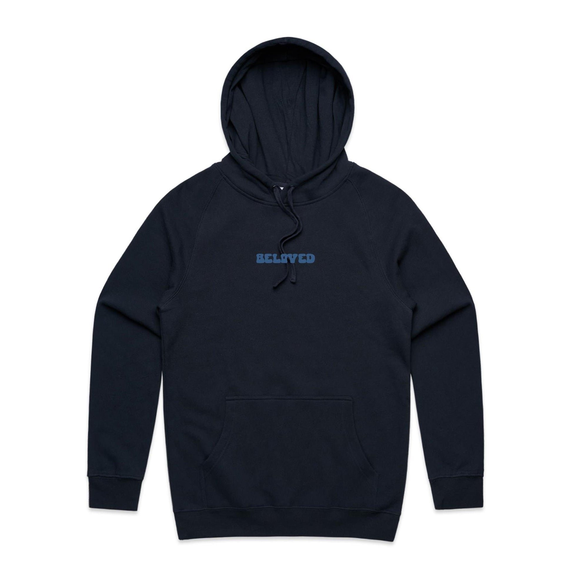 Christian hoodie from Lighthouse Christian Clothing, featuring the word “Beloved” in bold, wavy dark blue text across the chest — a simple yet powerful reminder of your identity in Christ.