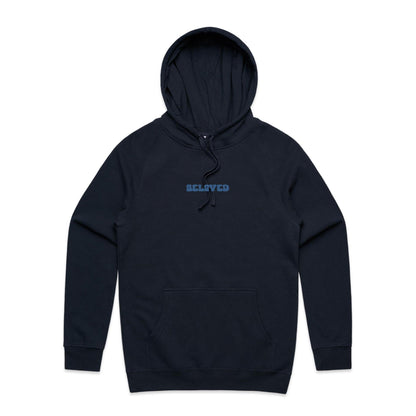 Christian hoodie from Lighthouse Christian Clothing, featuring the word “Beloved” in bold, wavy dark blue text across the chest — a simple yet powerful reminder of your identity in Christ.