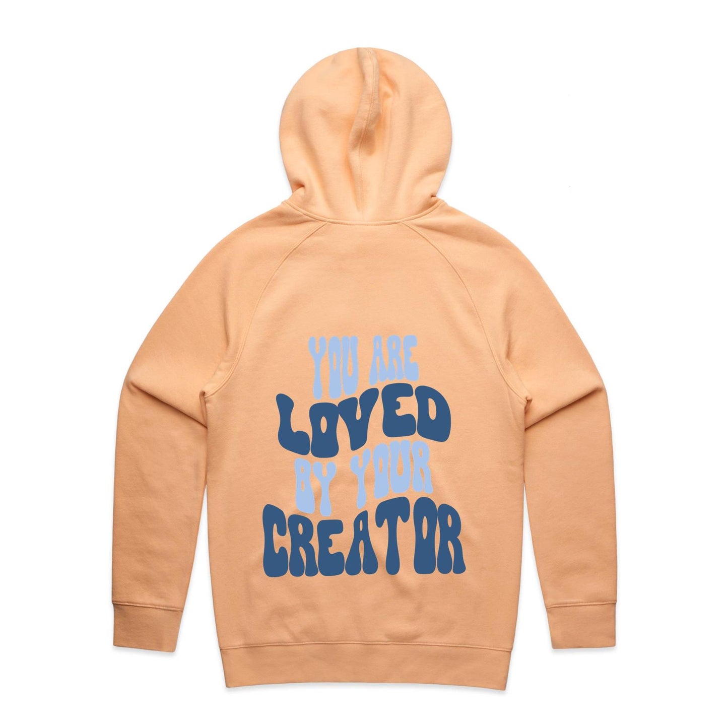 Christian hoodie with bold, wavy text on the back reading “You are LOVED by your CREATOR” in layered light and dark blue lettering. A comforting, gospel-centered design by Lighthouse Christian Clothing, reminding wearers of their unshakable identity and worth in the eyes of their Creator.