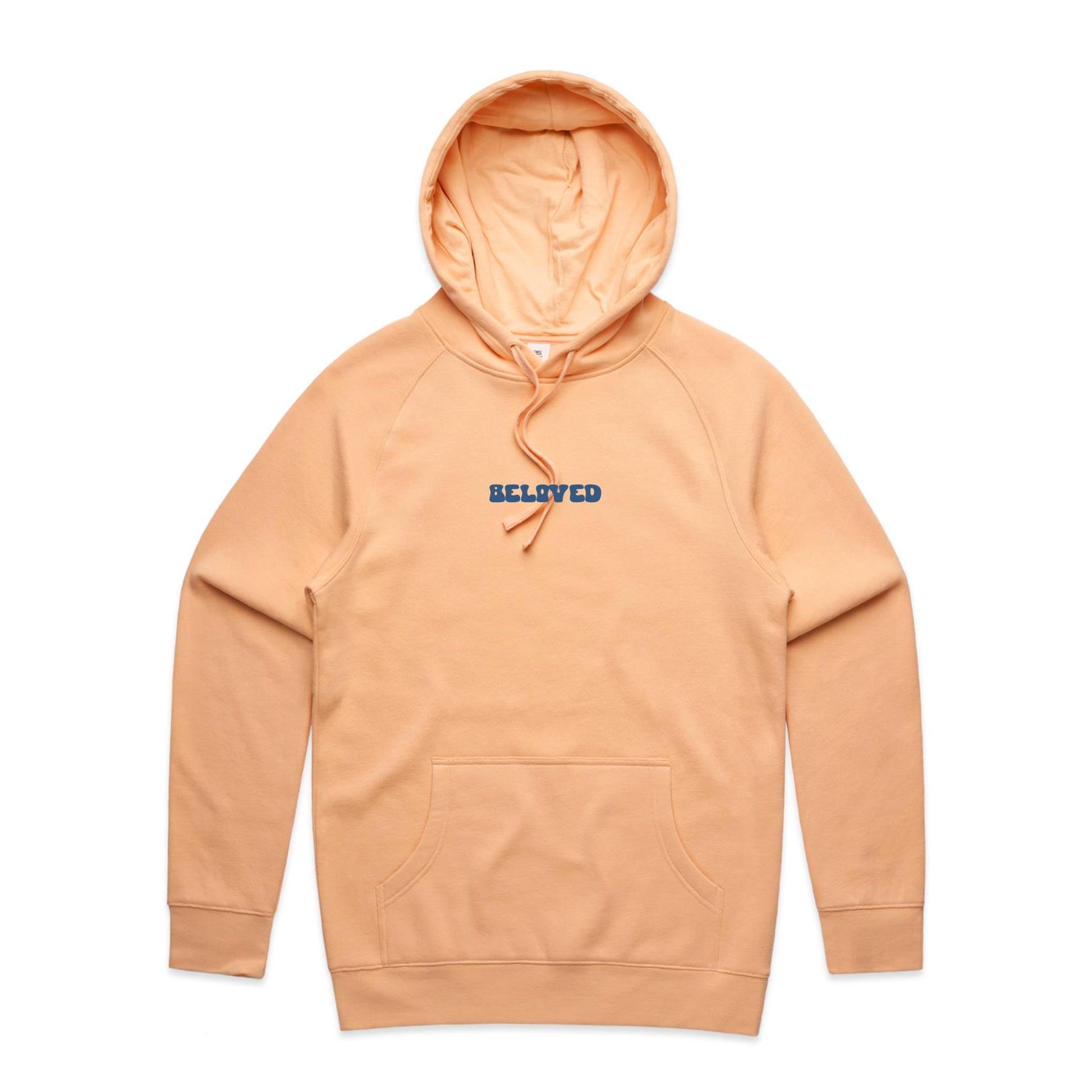Christian hoodie from Lighthouse Christian Clothing, featuring the word “Beloved” in bold, wavy dark blue text across the chest — a simple yet powerful reminder of your identity in Christ.