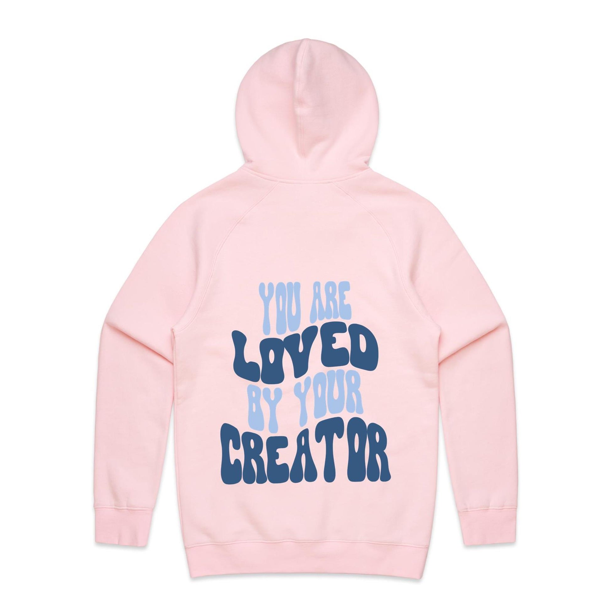 Christian hoodie with bold, wavy text on the back reading “You are LOVED by your CREATOR” in layered light and dark blue lettering. A comforting, gospel-centered design by Lighthouse Christian Clothing, reminding wearers of their unshakable identity and worth in the eyes of their Creator.