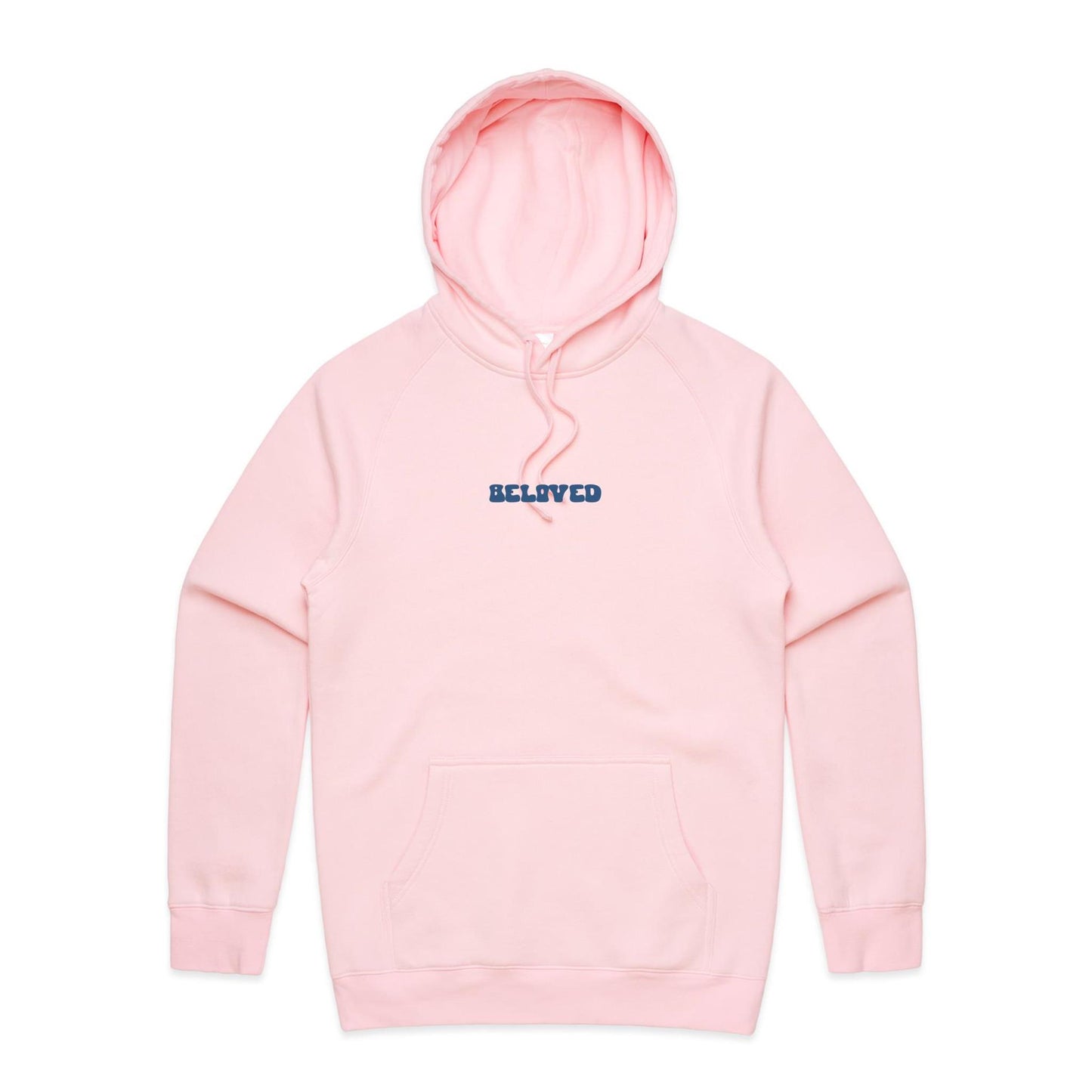 Christian hoodie from Lighthouse Christian Clothing, featuring the word “Beloved” in bold, wavy dark blue text across the chest — a simple yet powerful reminder of your identity in Christ.