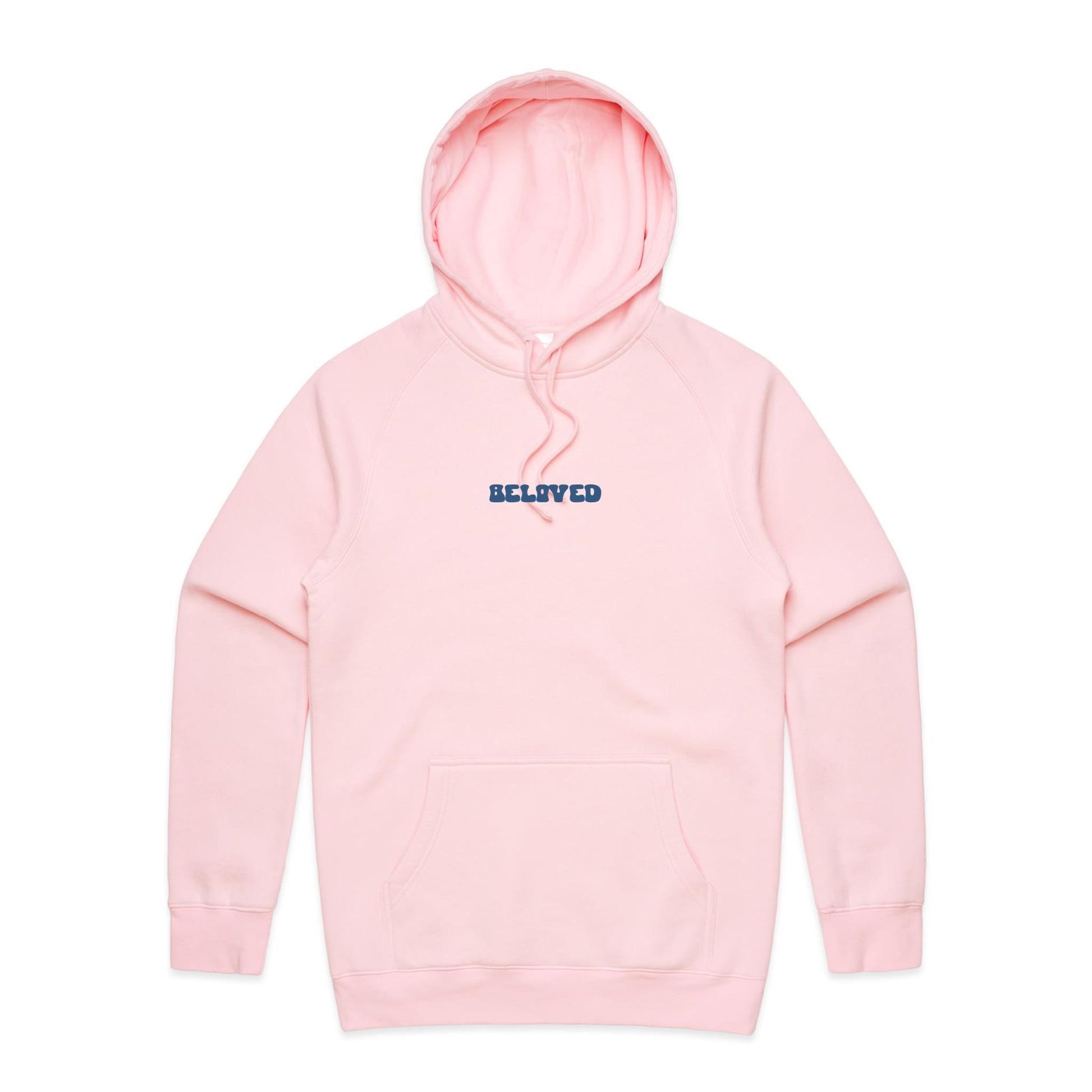 Christian hoodie from Lighthouse Christian Clothing, featuring the word “Beloved” in bold, wavy dark blue text across the chest — a simple yet powerful reminder of your identity in Christ.