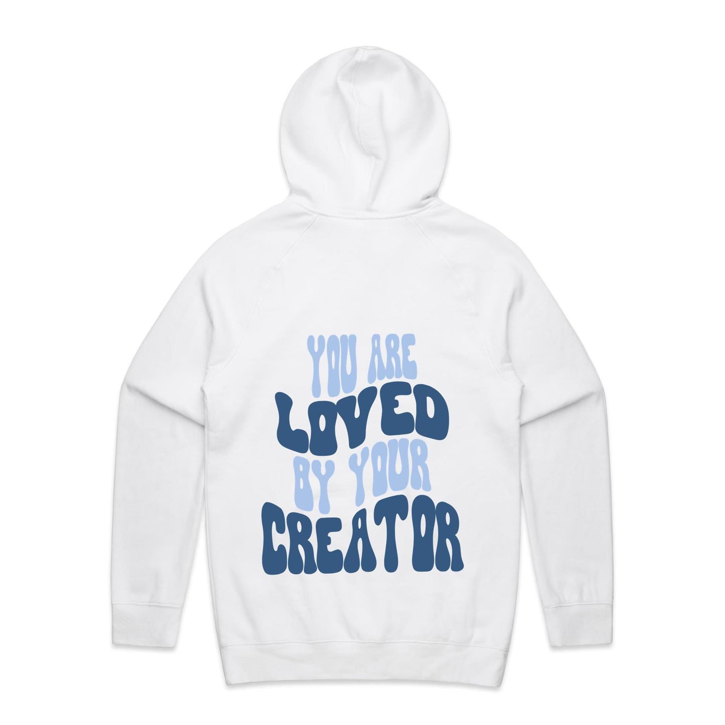 Christian hoodie with bold, wavy text on the back reading “You are LOVED by your CREATOR” in layered light and dark blue lettering. A comforting, gospel-centered design by Lighthouse Christian Clothing, reminding wearers of their unshakable identity and worth in the eyes of their Creator.