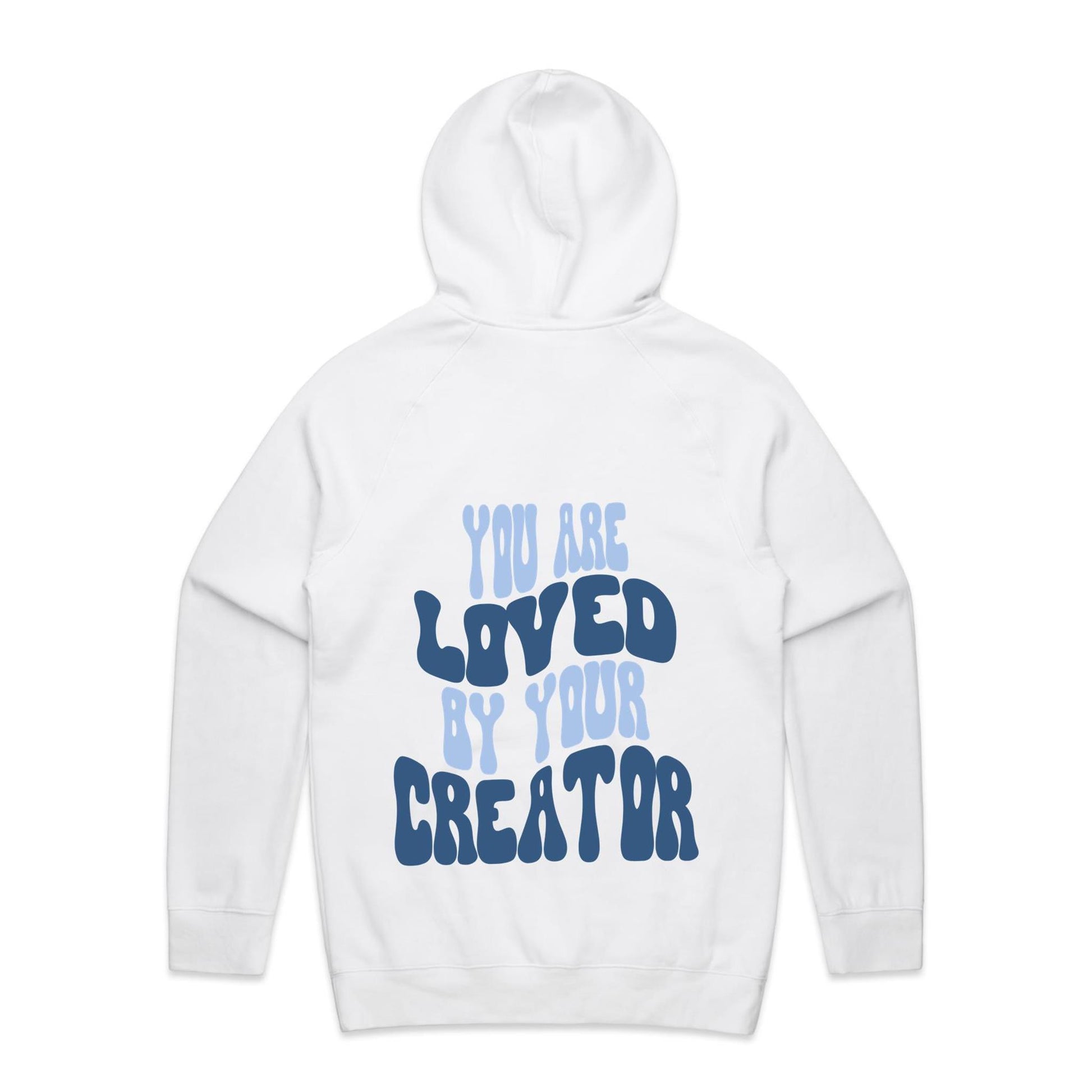 Christian hoodie with bold, wavy text on the back reading “You are LOVED by your CREATOR” in layered light and dark blue lettering. A comforting, gospel-centered design by Lighthouse Christian Clothing, reminding wearers of their unshakable identity and worth in the eyes of their Creator.
